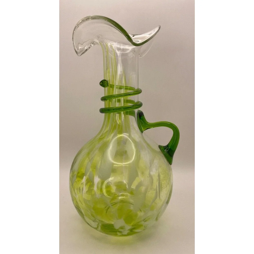 Vintage Murano Style Green Vase/Pitcher with Ruffled Lip & Bulb Base With Handle